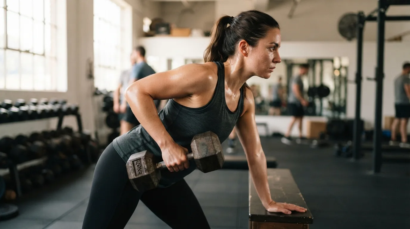 a person exercising with weights in a gym