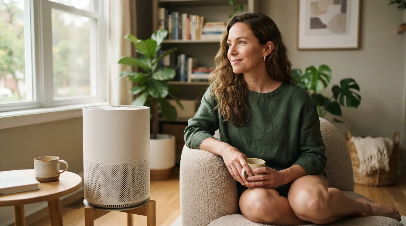 a person in a living room near an air purifier