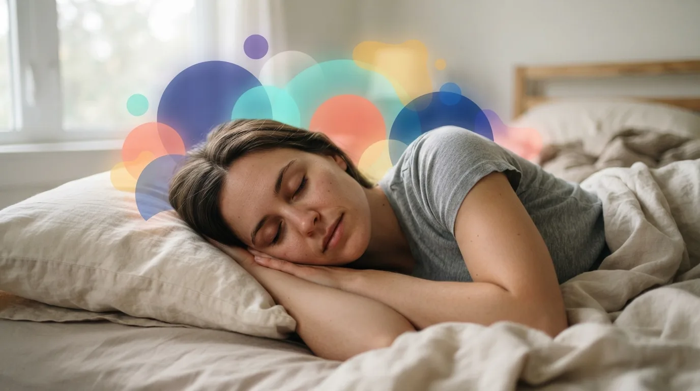 a person sleeping peacefully with colorful abstract shapes around their head