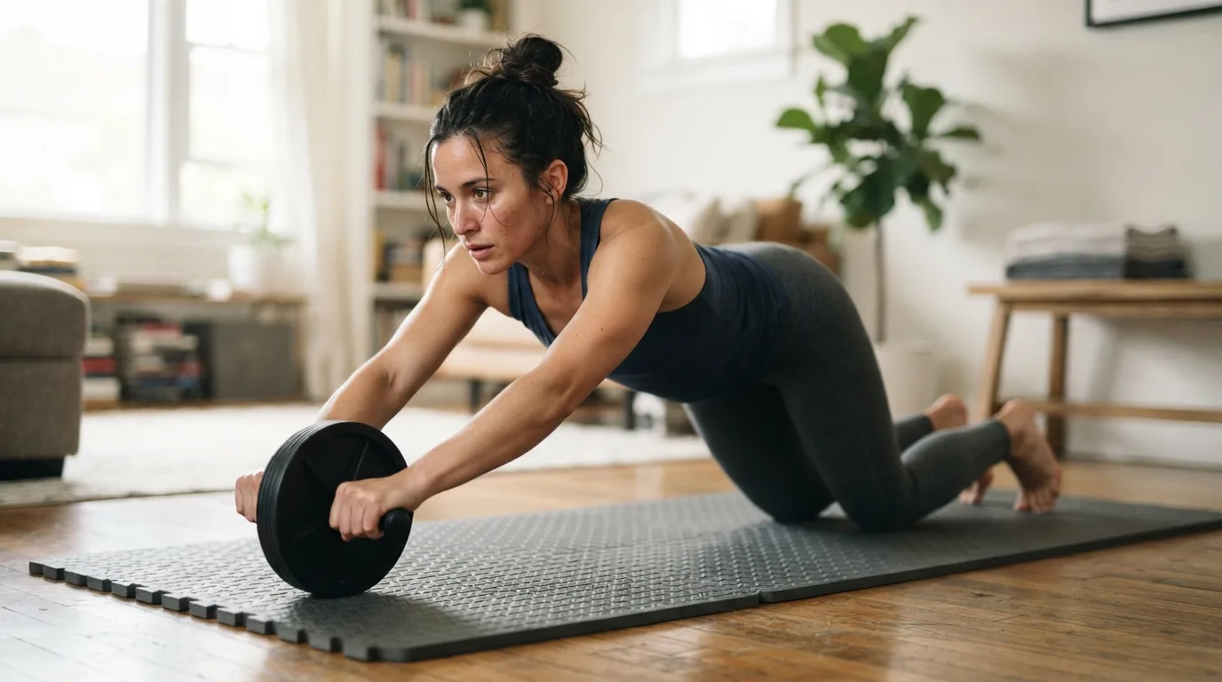 a person exercising with an ab wheel on a mat