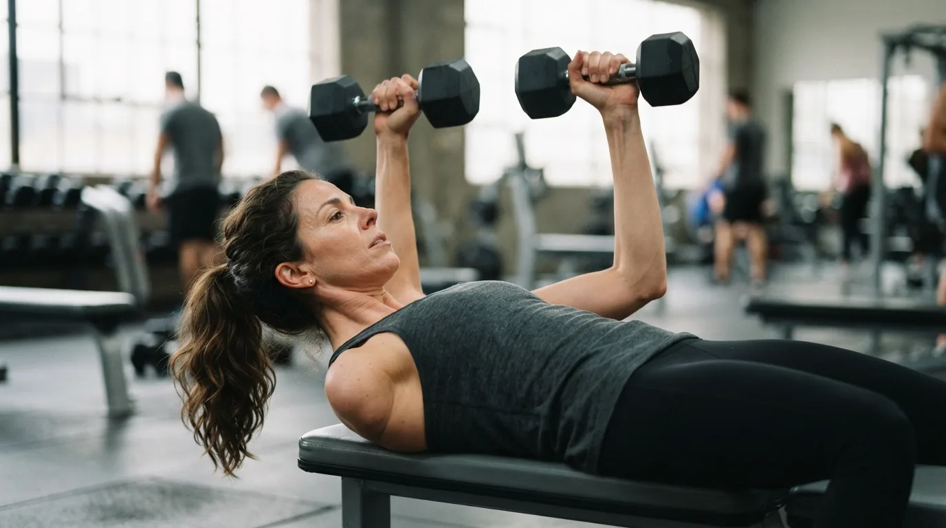 a woman doing chest exercises with dumbbells in a gym