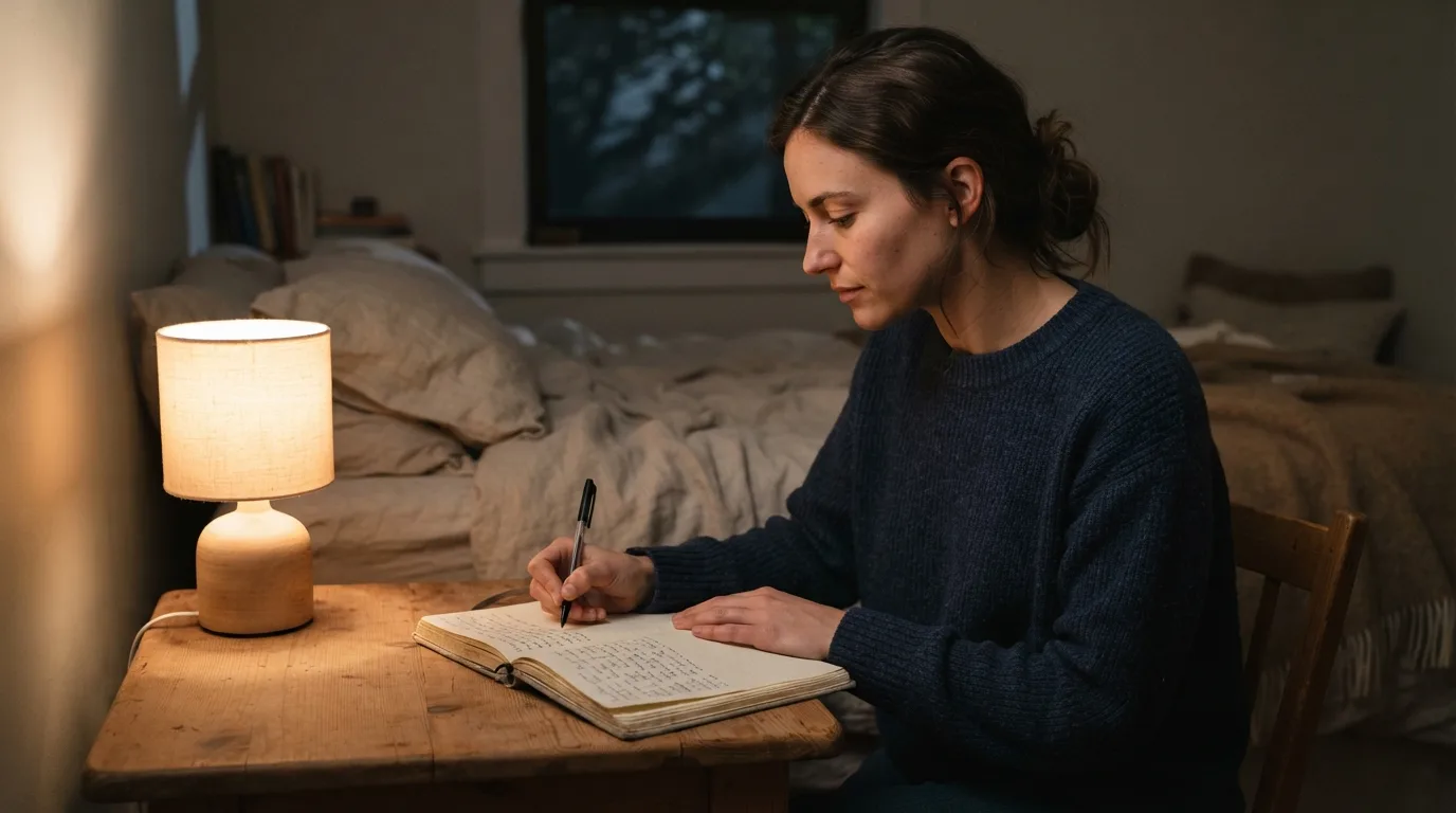 a person writing in a journal beside a bed at night
