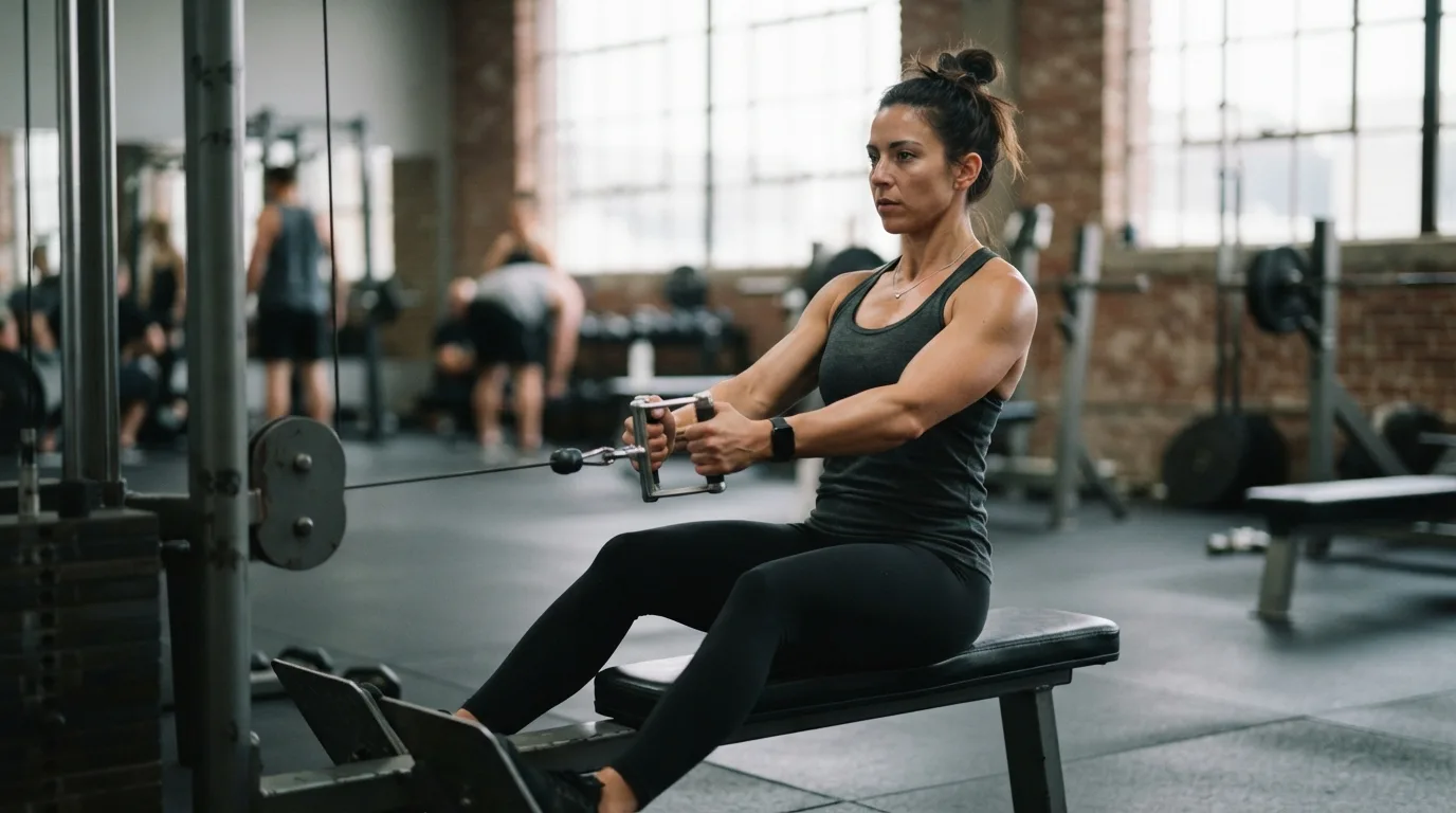 a person doing a cable row exercise in a gym