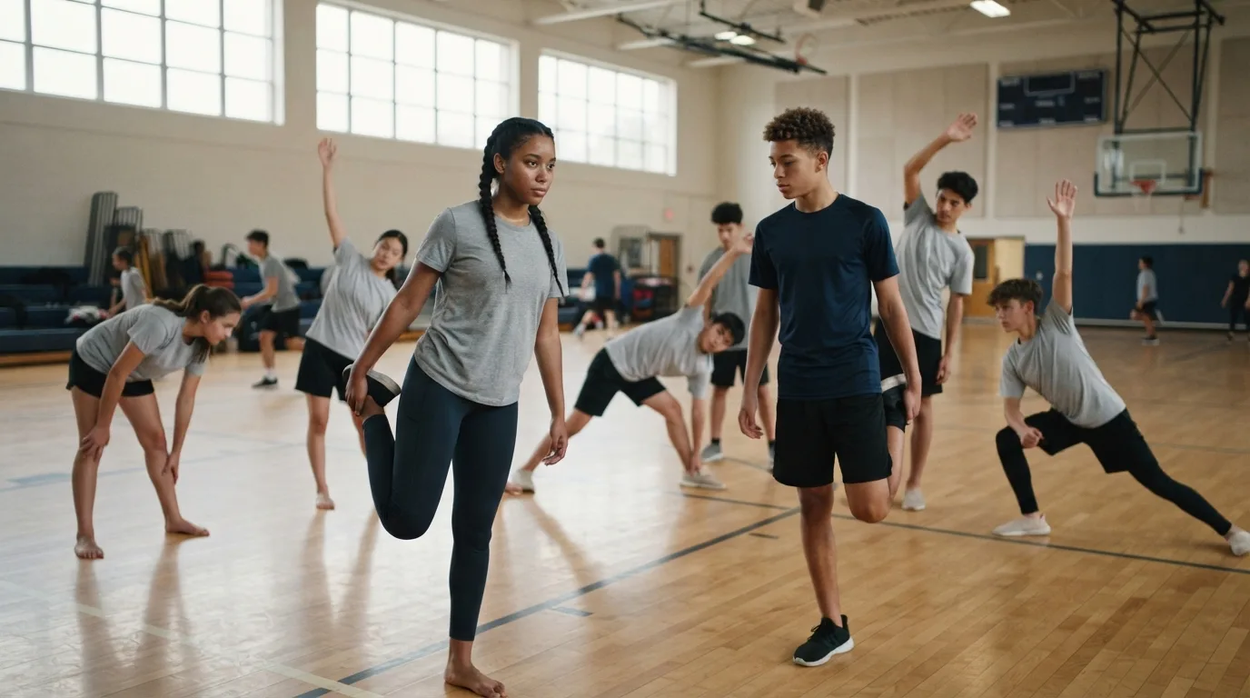 a group of students doing warm-up stretches in a gym