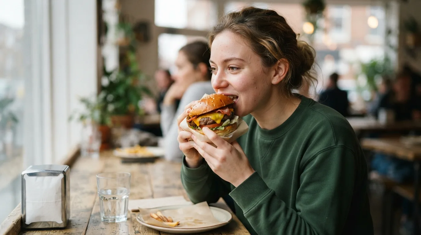 a person eating a hamburger
