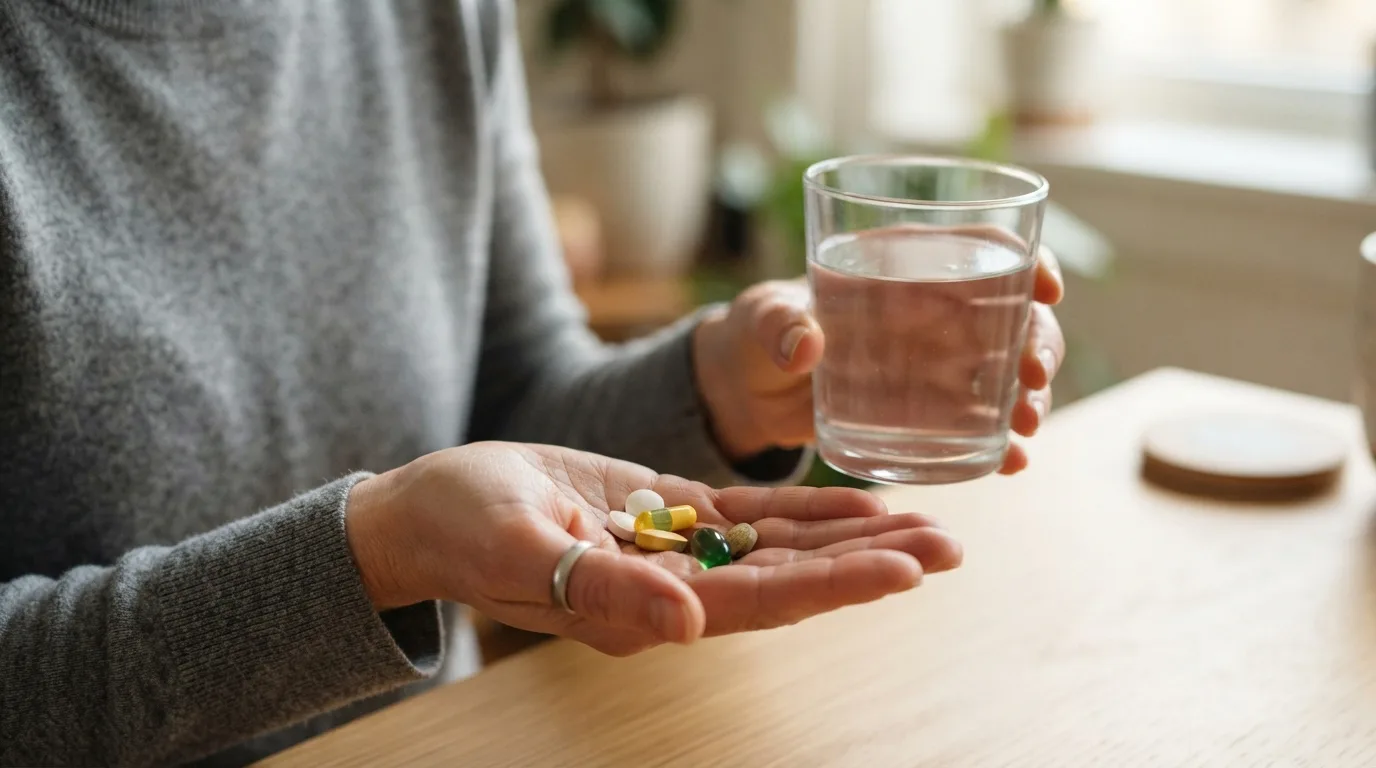 a person holding a variety of supplement pills and a glass of water