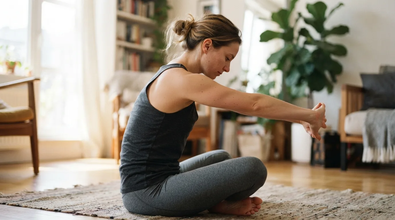 a person stretching their upper back