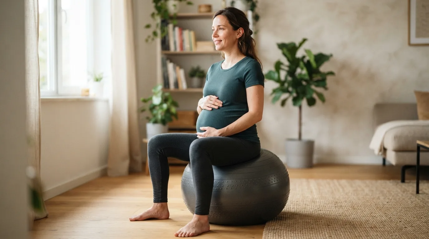 a pregnant woman sitting on an exercise ball in a bright room