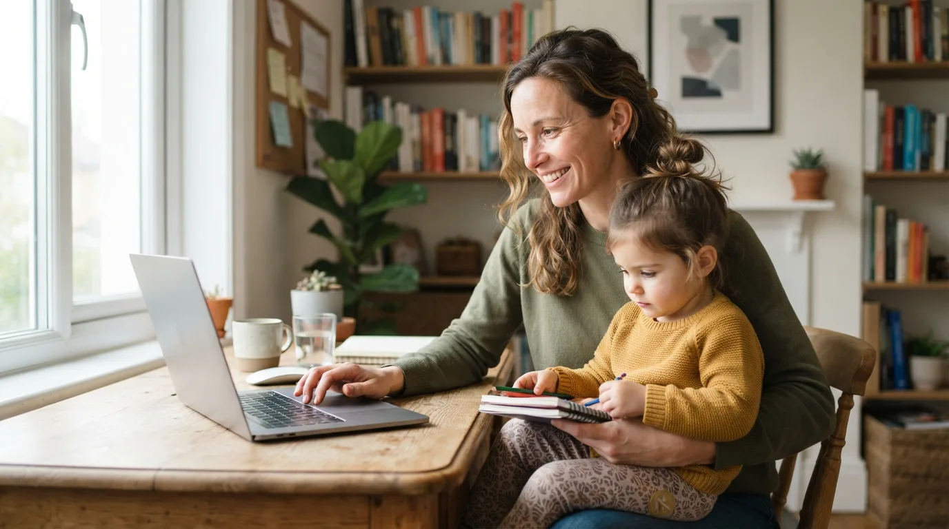 a woman with a child and a laptop in a bright home office