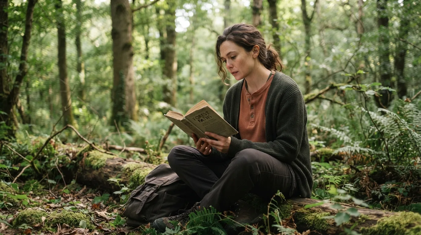 a person reading a book in a cozy forest
