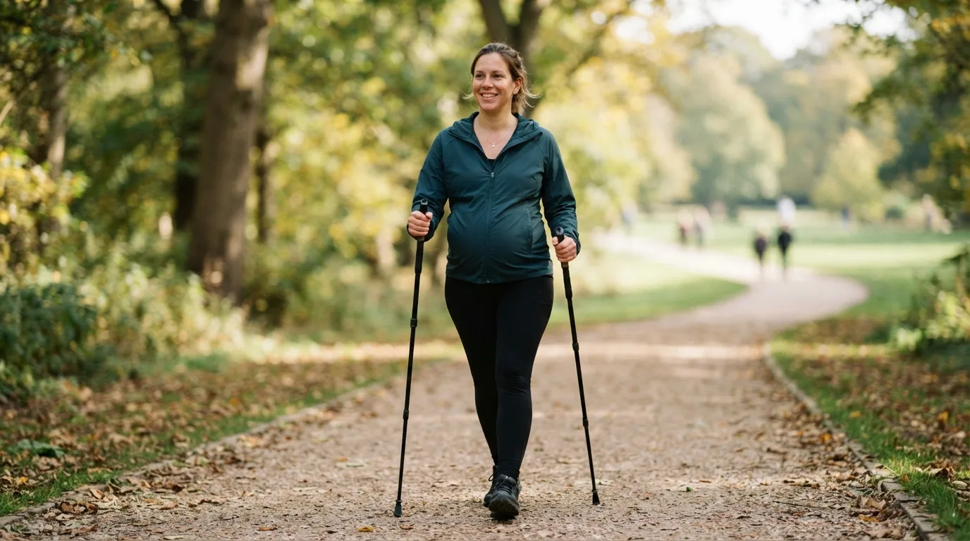 a pregnant woman walking outdoors with Nordic walking poles