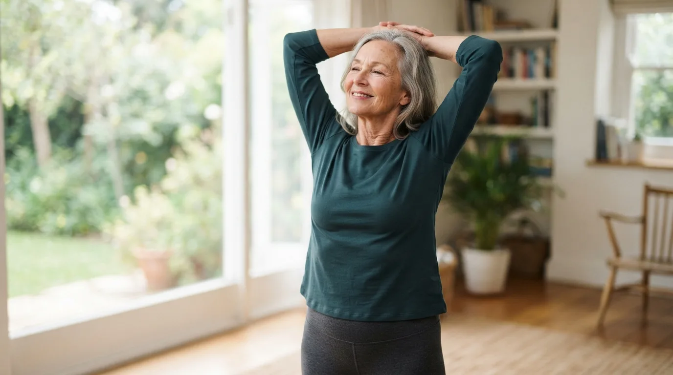 an older woman gently stretching her arms and shoulders