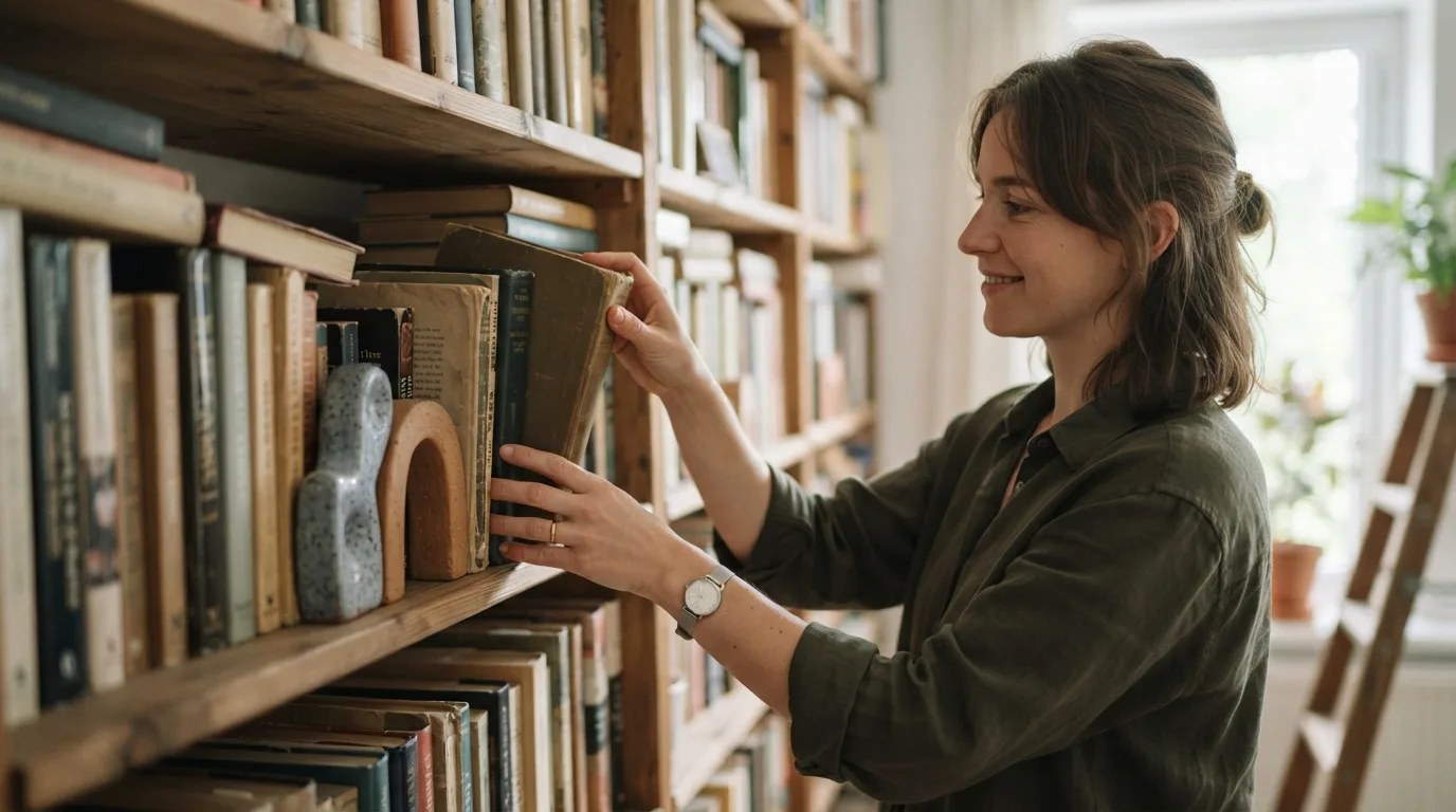 a person arranging books on a shelf with handmade bookends