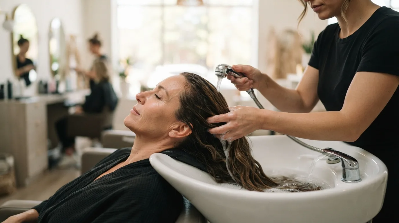 a woman gently washing her hair with extensions in a salon