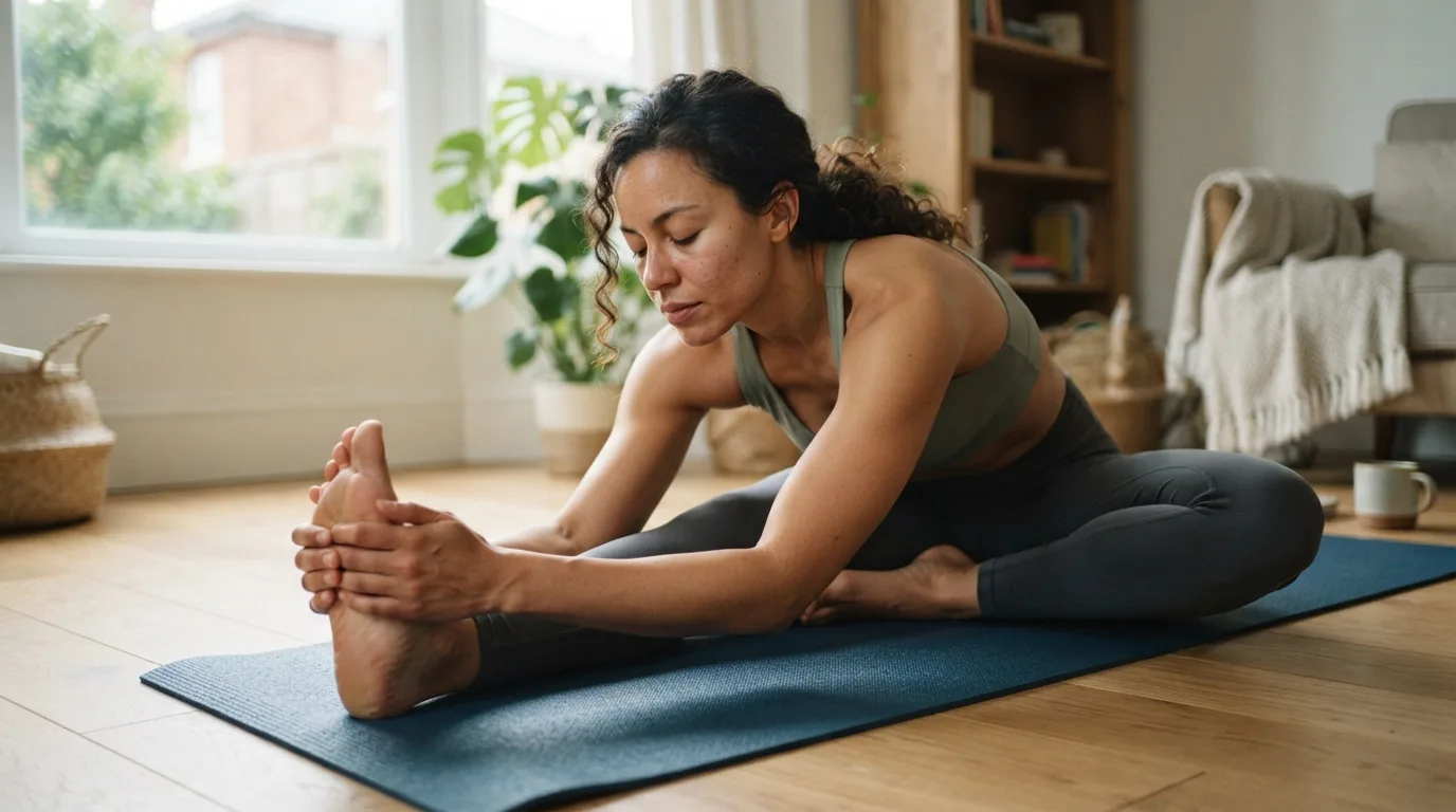 a woman doing morning stretches on a yoga mat