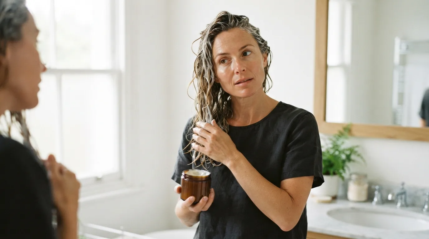 a woman applying a hair mask to her hair at home