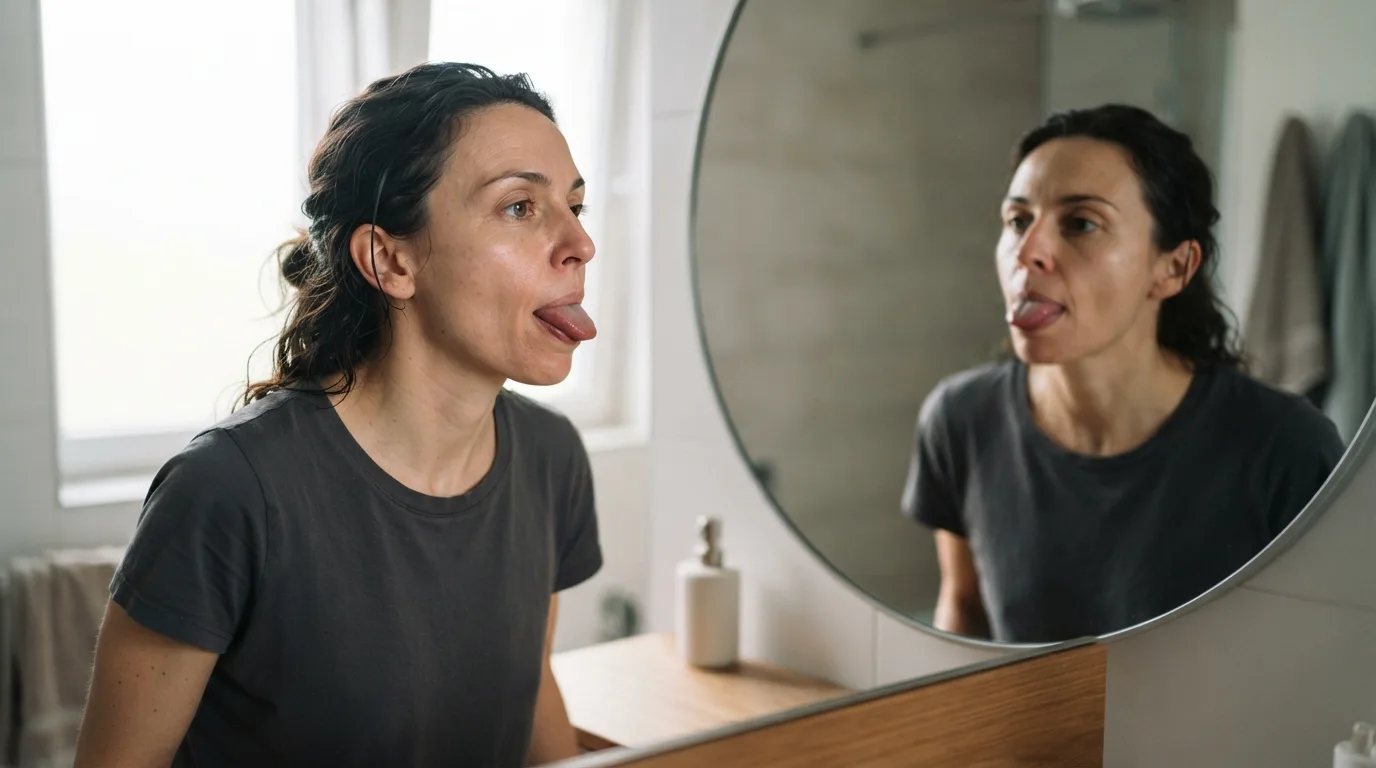 a person practicing a tongue exercise in front of a mirror