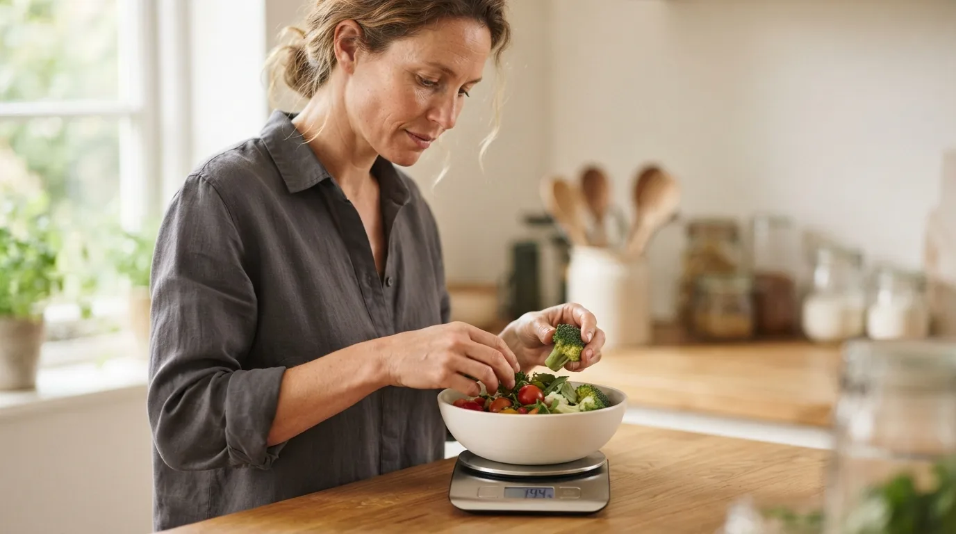 a person weighing food on a kitchen scale