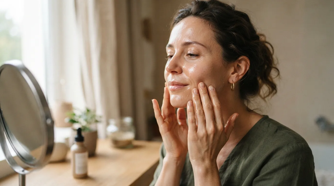 a woman gently massaging oil onto her face