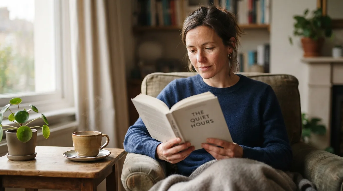 a person reading a book with a cup of tea