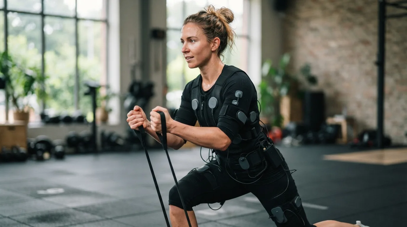 a person wearing an EMS training suit with electrodes