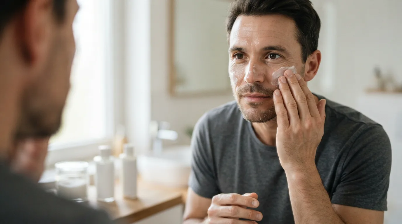 a man applying a light cream to his face