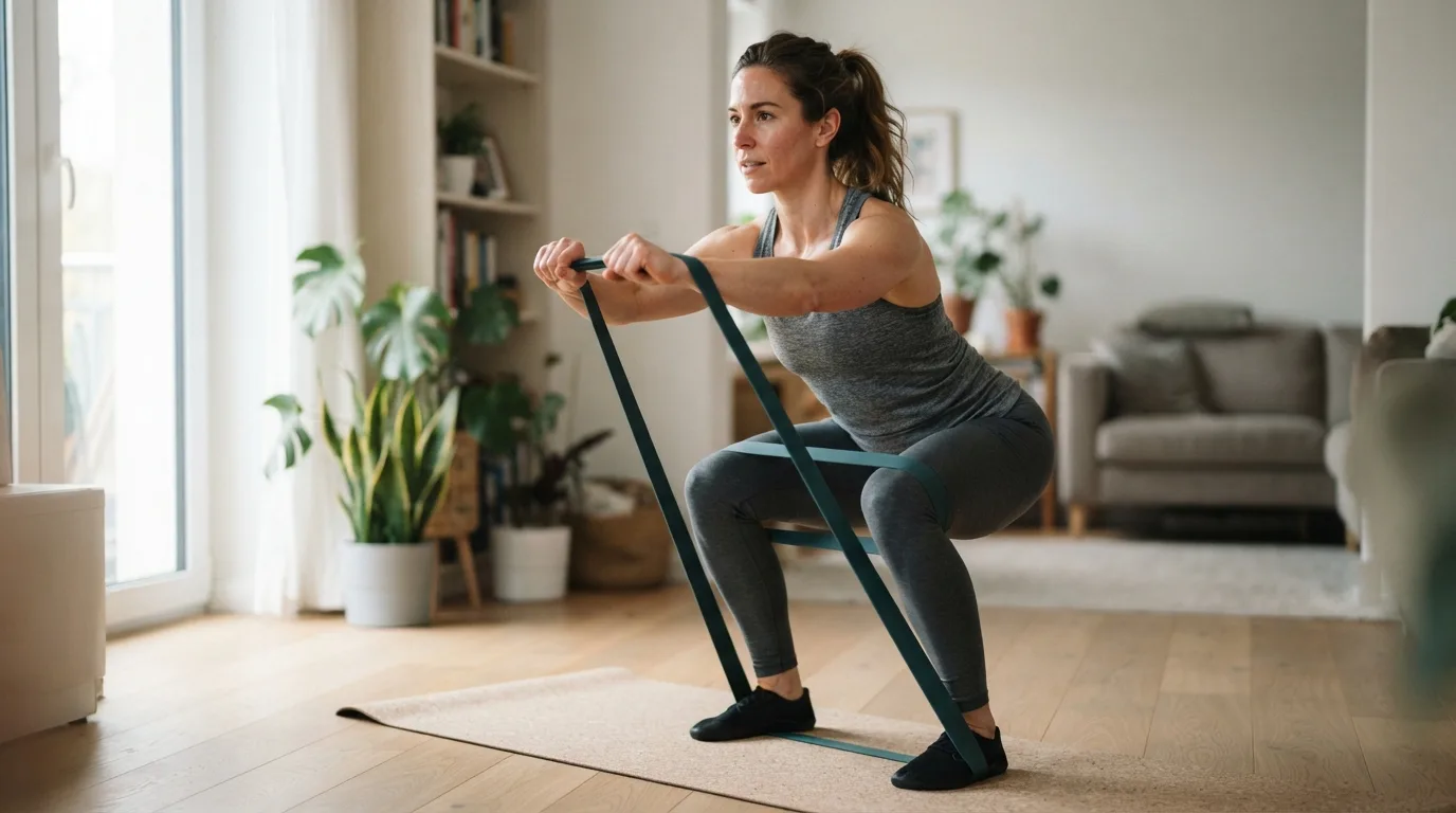 a woman doing squats with a resistance band