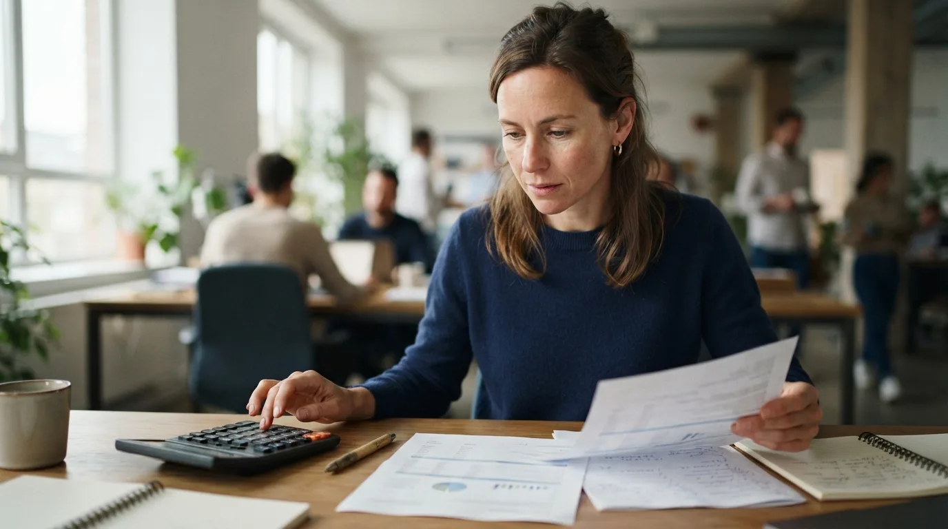 a person in an office looking at a document with a calculator