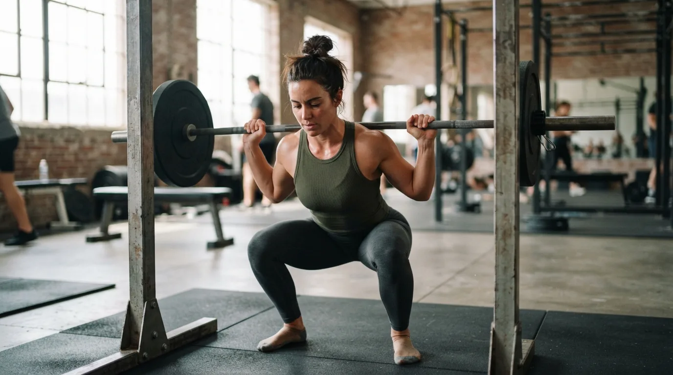 a woman doing squats in a gym