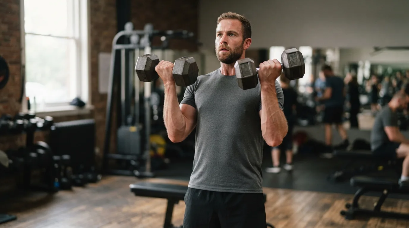a man lifting dumbbells in a gym