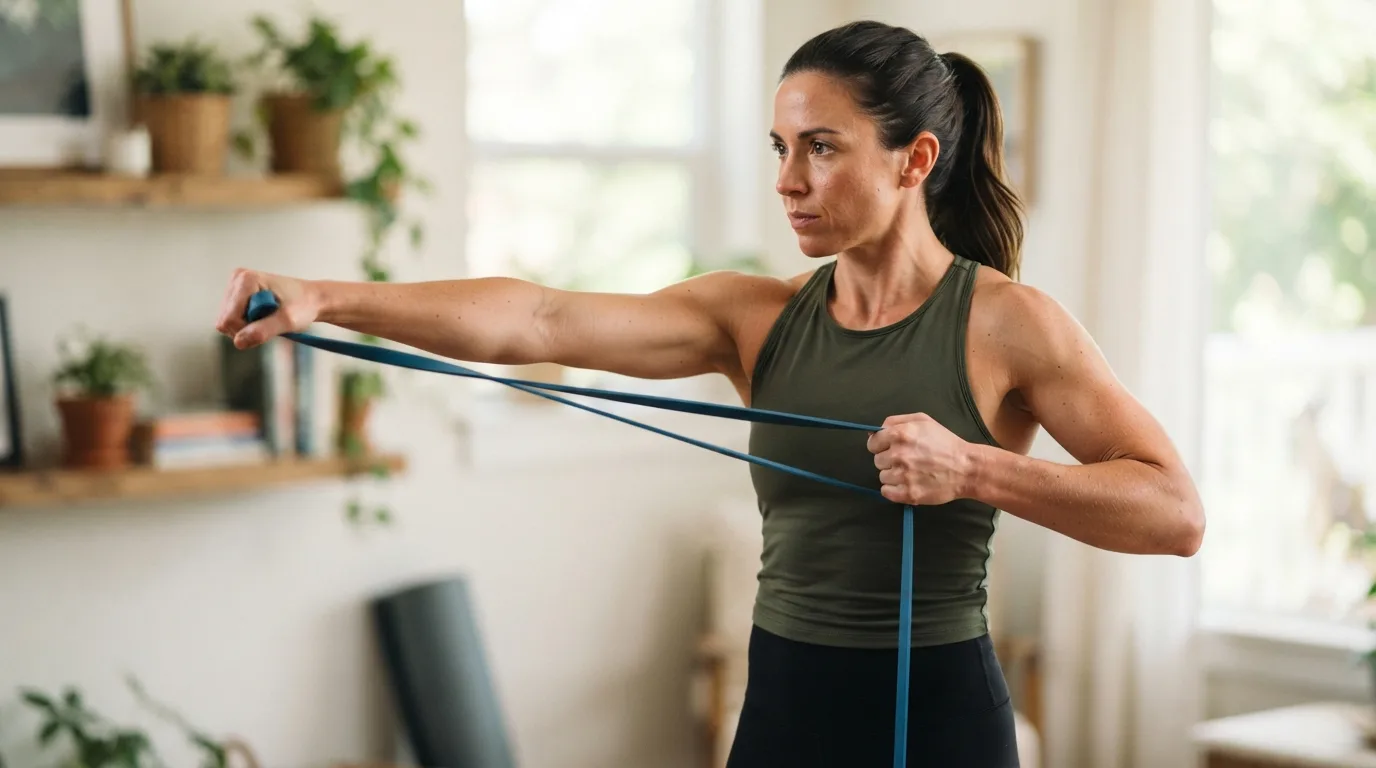 a person doing an arm exercise with a resistance band