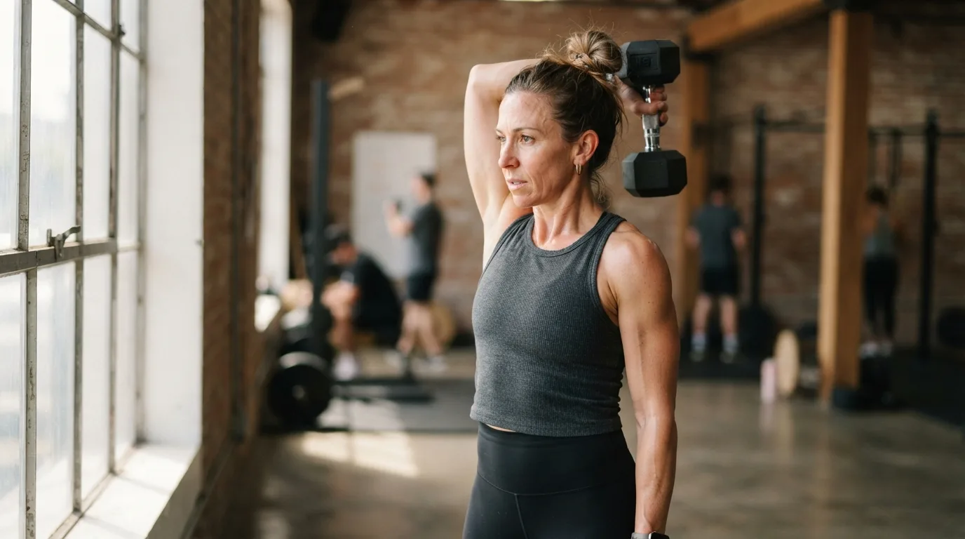 a person doing a triceps exercise with a dumbbell