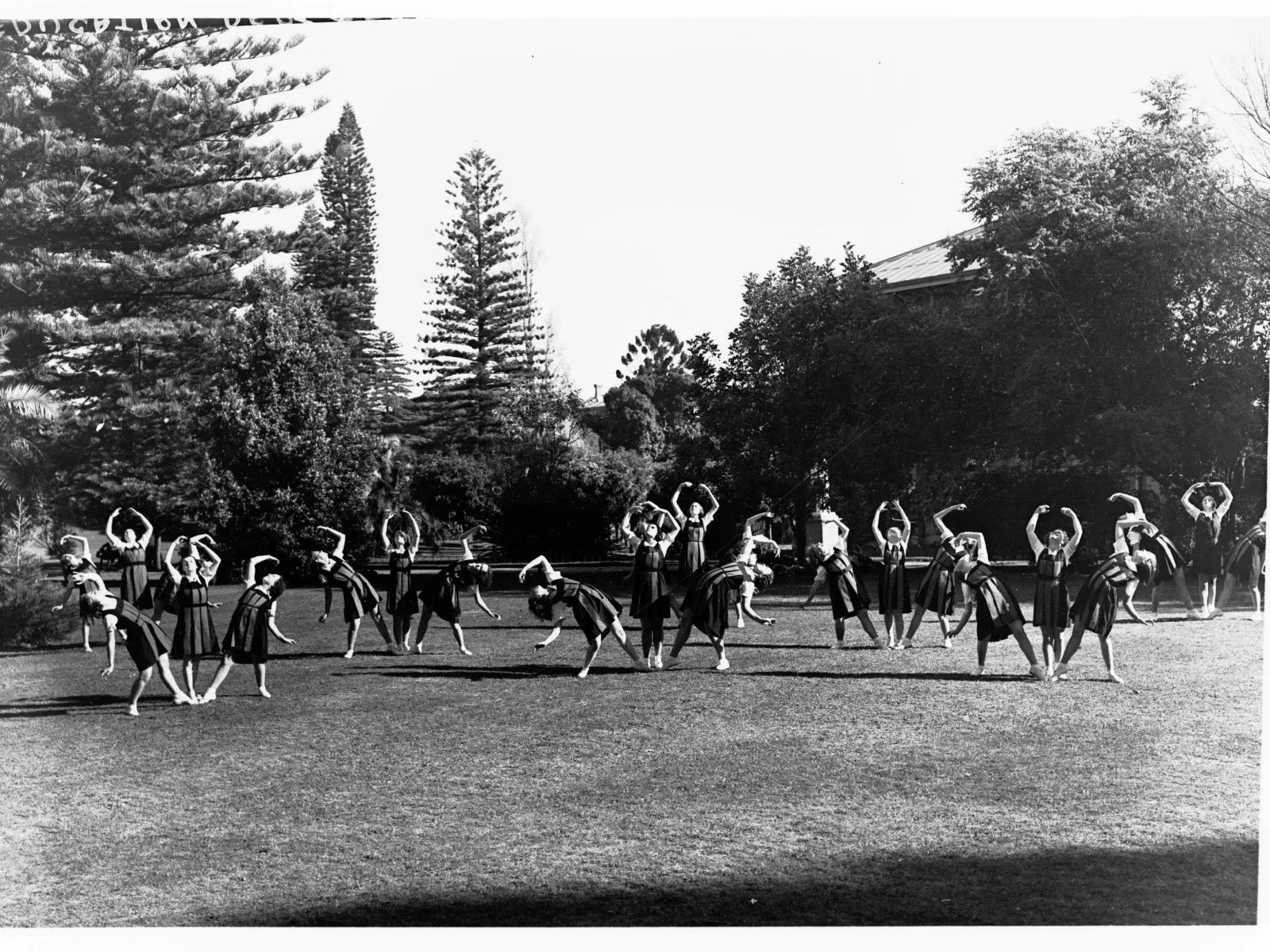 In this photo students of the Adelaide Teachers College undertake an exercise drill or possibly a dance class. The positions they are holding are similar to ballet techniques. These exercises would have then been taught to the students as a part of the standard South Australian education curriculum.