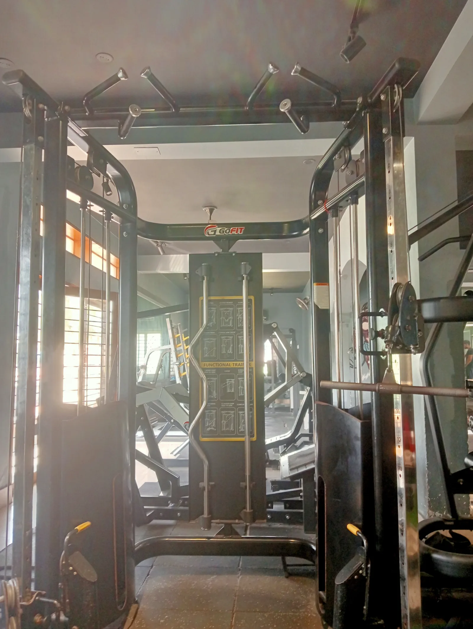 A multi-gym exercise machine designed for chin-ups, chest press, back workouts, and bicep-tricep training, enabling full upper-body strength exercises using guided resistance in a gym or fitness center.