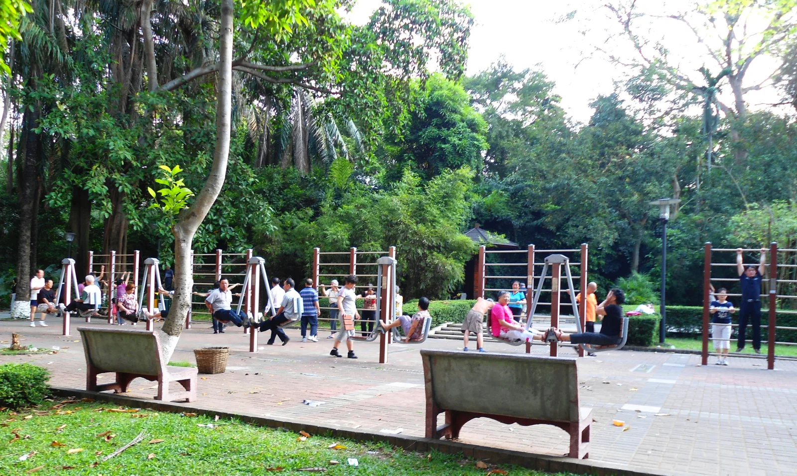 People exercising on exercise equipment in Haikou People's Park, Haikou City, Hainan Province, China