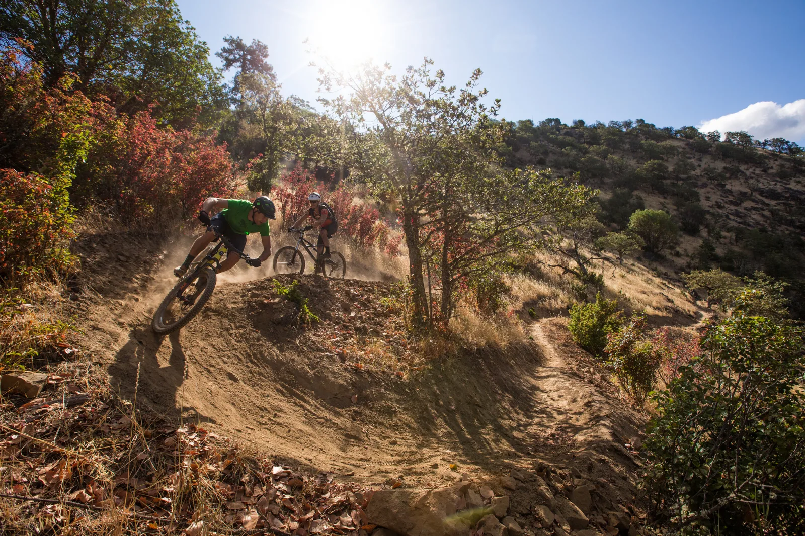 The Mountain of the Rogue Trail System provides a range of trail opportunities that are optimized for mountain bikes. The system is designed so that the further you climb the more technically challenging the trails become. Expert level riders who ascend to the top of the system will be rewarded with hand built single-track trails that careen through steep and rocky hillsides, characterized by ample amounts of exposure.
The lower elevation trails within the system provide the perfect opportunity for beginner and intermediate riders to play on mountain bike features such as rollers, table tops and large bermed turns. The system currently offers 7 miles of trails, incorporating various trail construction techniques that produce a broad range of riding experiences.

Photos by Leslie Kehmeier, Mapping Manager, International Mountain Bicycling Association.