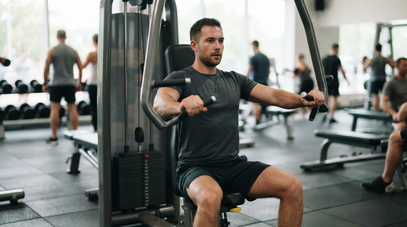 a person exercising their chest at a gym