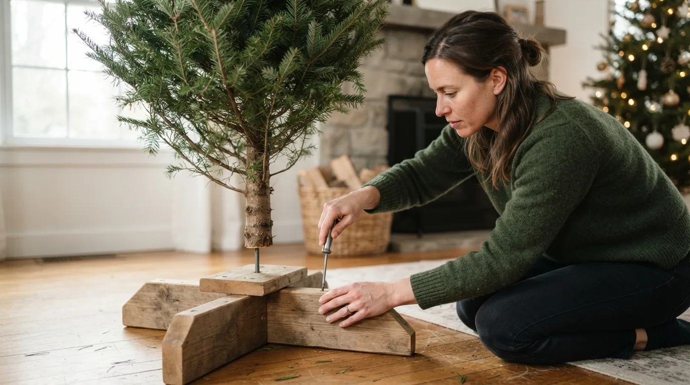 a person assembling a wooden Christmas tree stand
