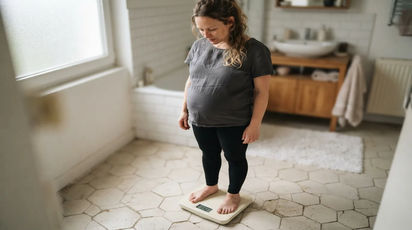 a pregnant woman standing on a bathroom scale