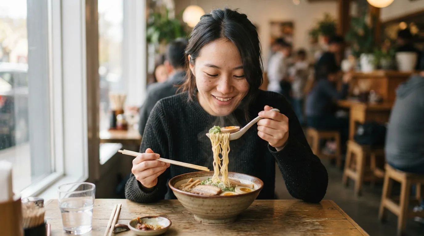 a person eating a bowl of noodles