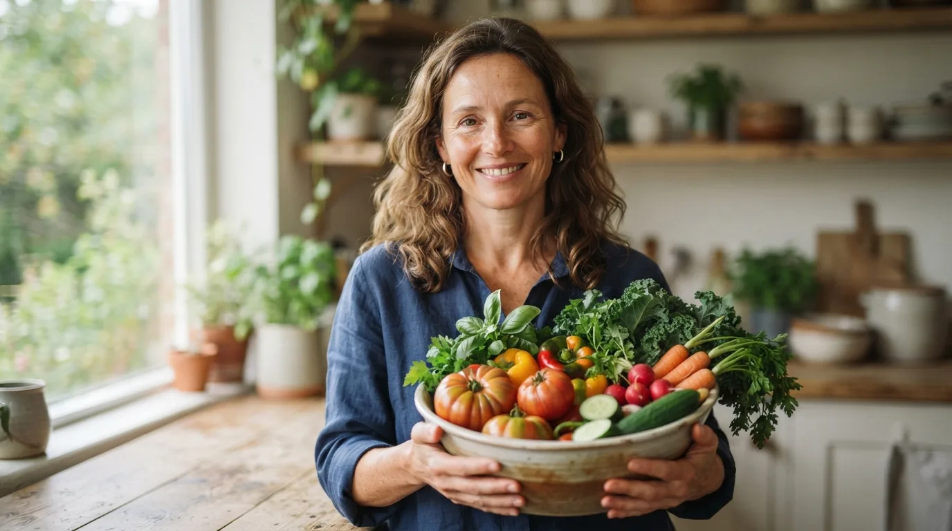 a woman smiling while holding a bowl of fresh vegetables