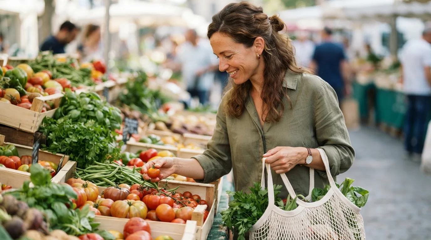 a woman choosing fresh vegetables at a market