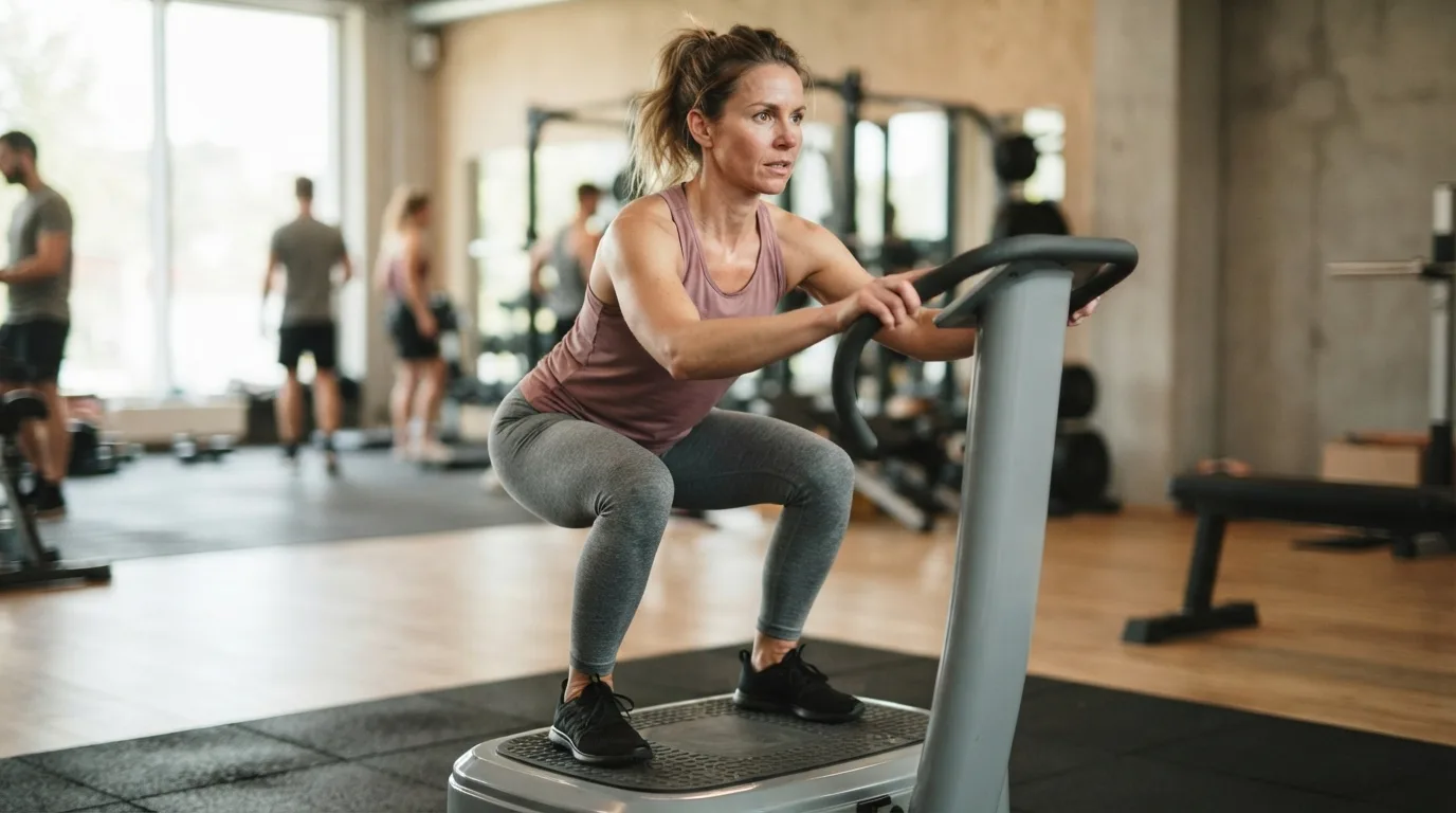 a woman exercising on a vibrating platform in a gym