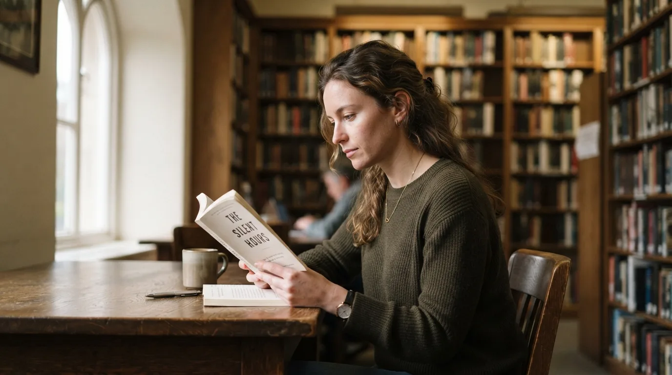 a person reading a book in a library