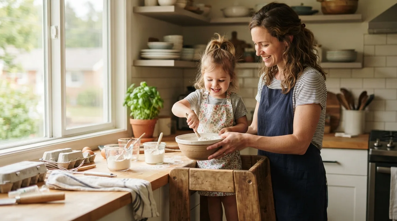 a parent and child using a wooden kitchen helper stool in a bright kitchen