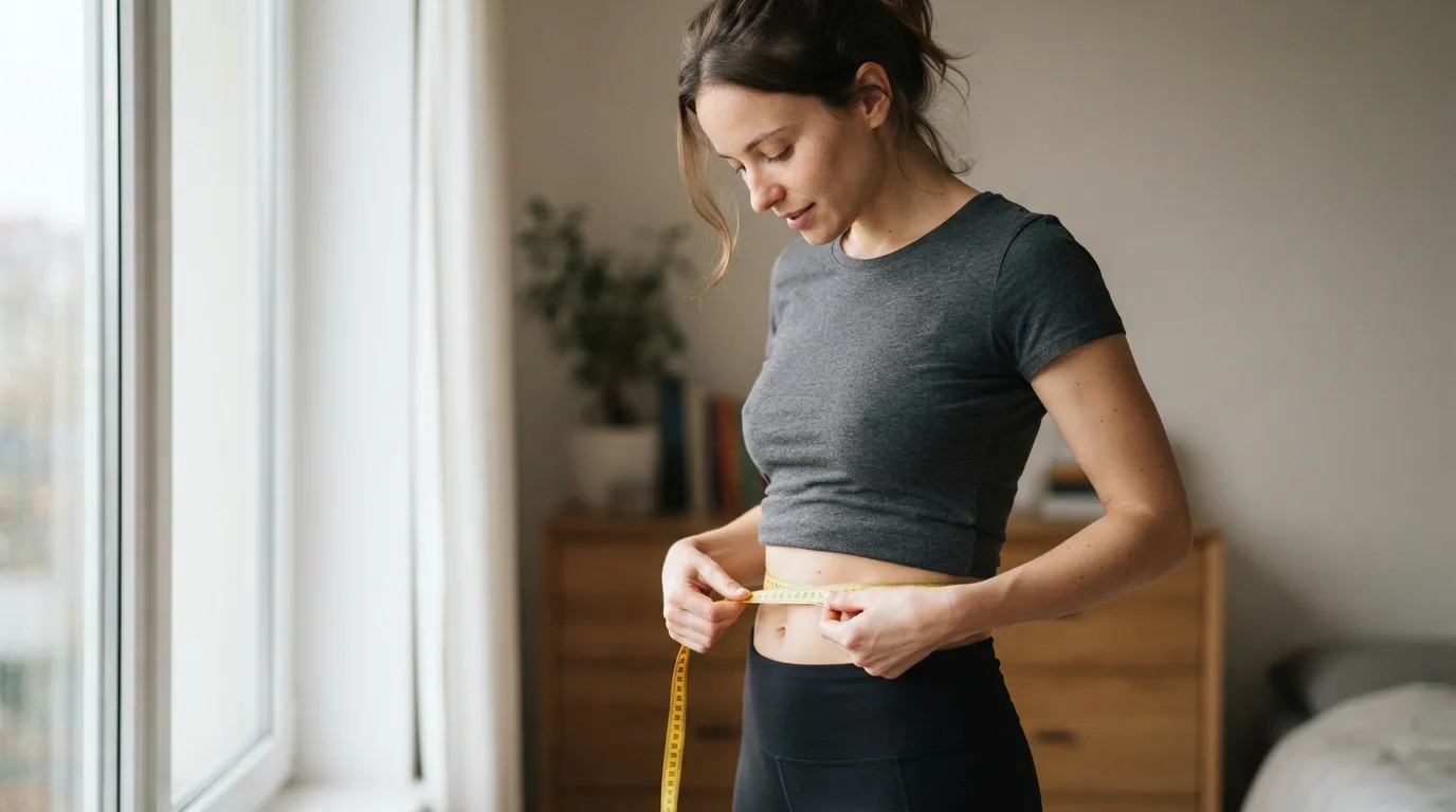 a woman measuring her waist with a tape measure