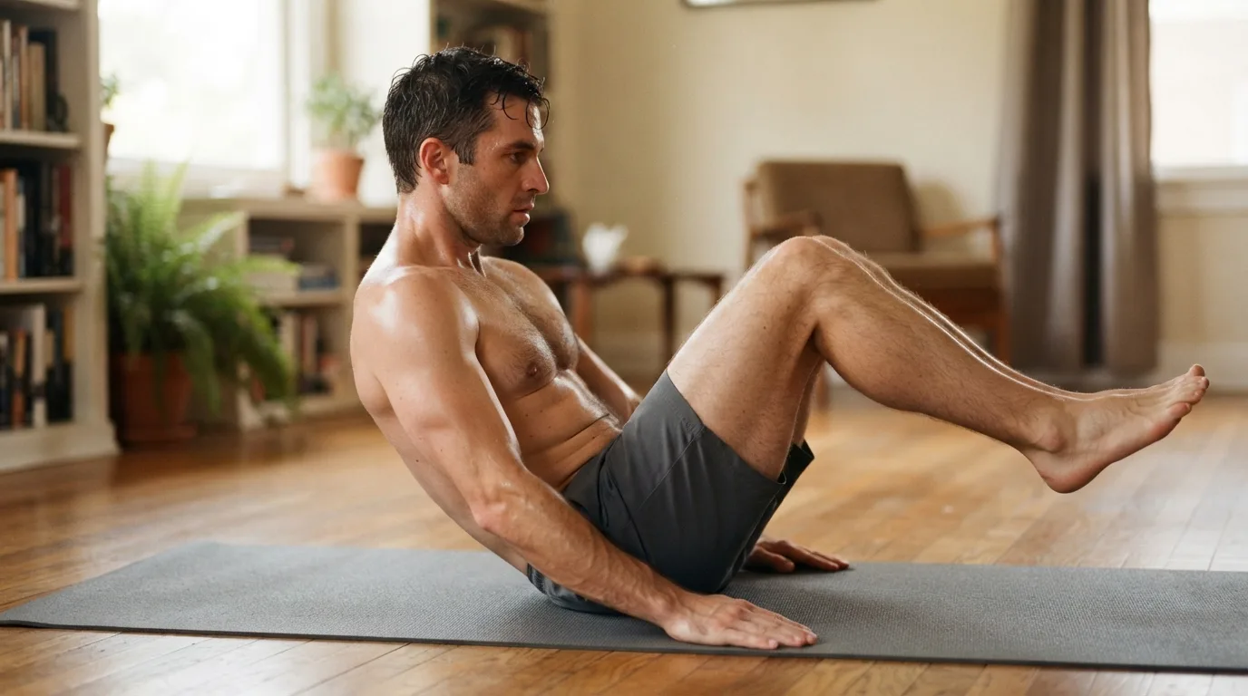 a man doing a core exercise on a mat at home