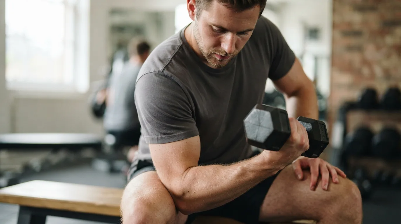 a person exercising their forearms with a dumbbell