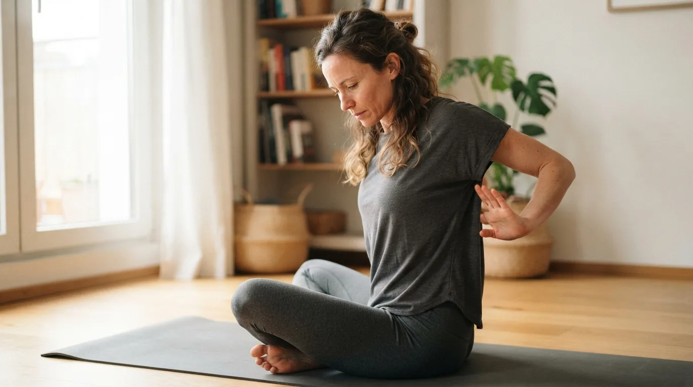 a person stretching their upper back