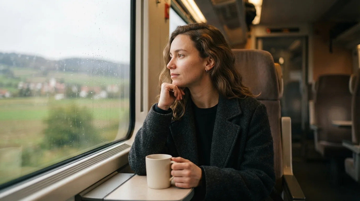 a person sitting alone on a train looking out the window